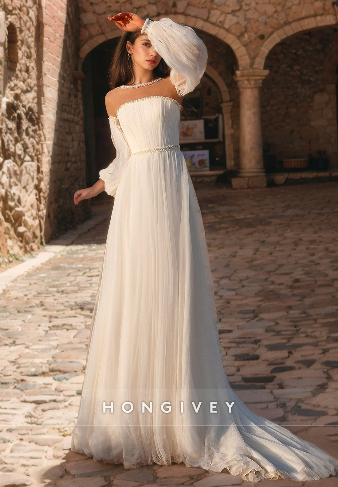 Aline Round Long Sleeve Pearls Empire Beach Wedding Dress