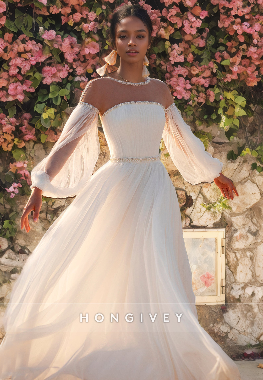 Aline Round Long Sleeve Pearls Empire Beach Wedding Dress