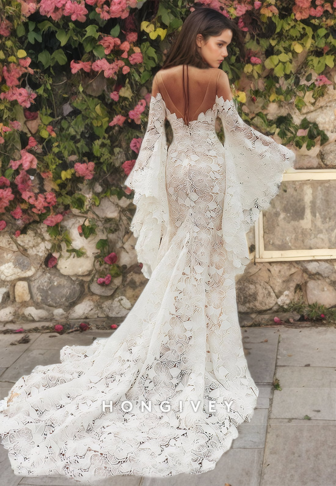 Full Lace Applique Mermaid Wedding Dress Special Sleeves Sweetheart Bride Gown