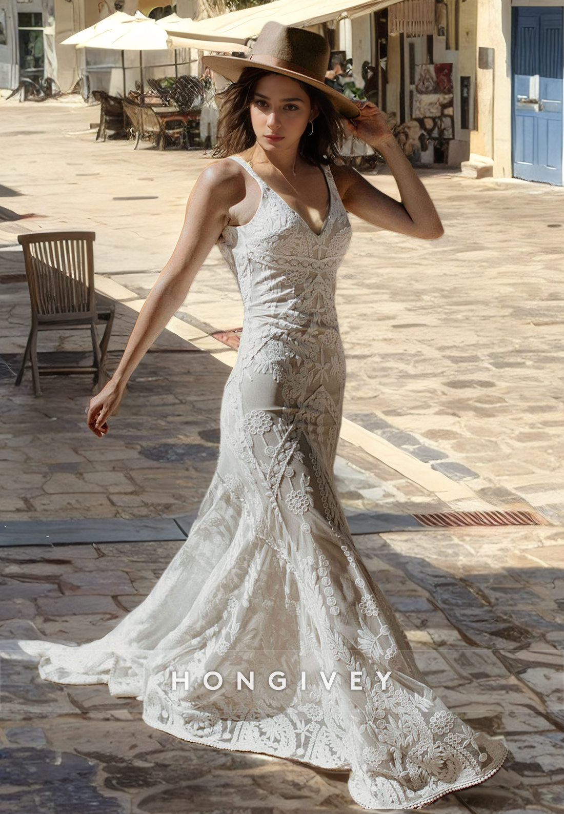 Sexy Straps Sleeveless Lace Applique Mermaid Wedding Dress With Train