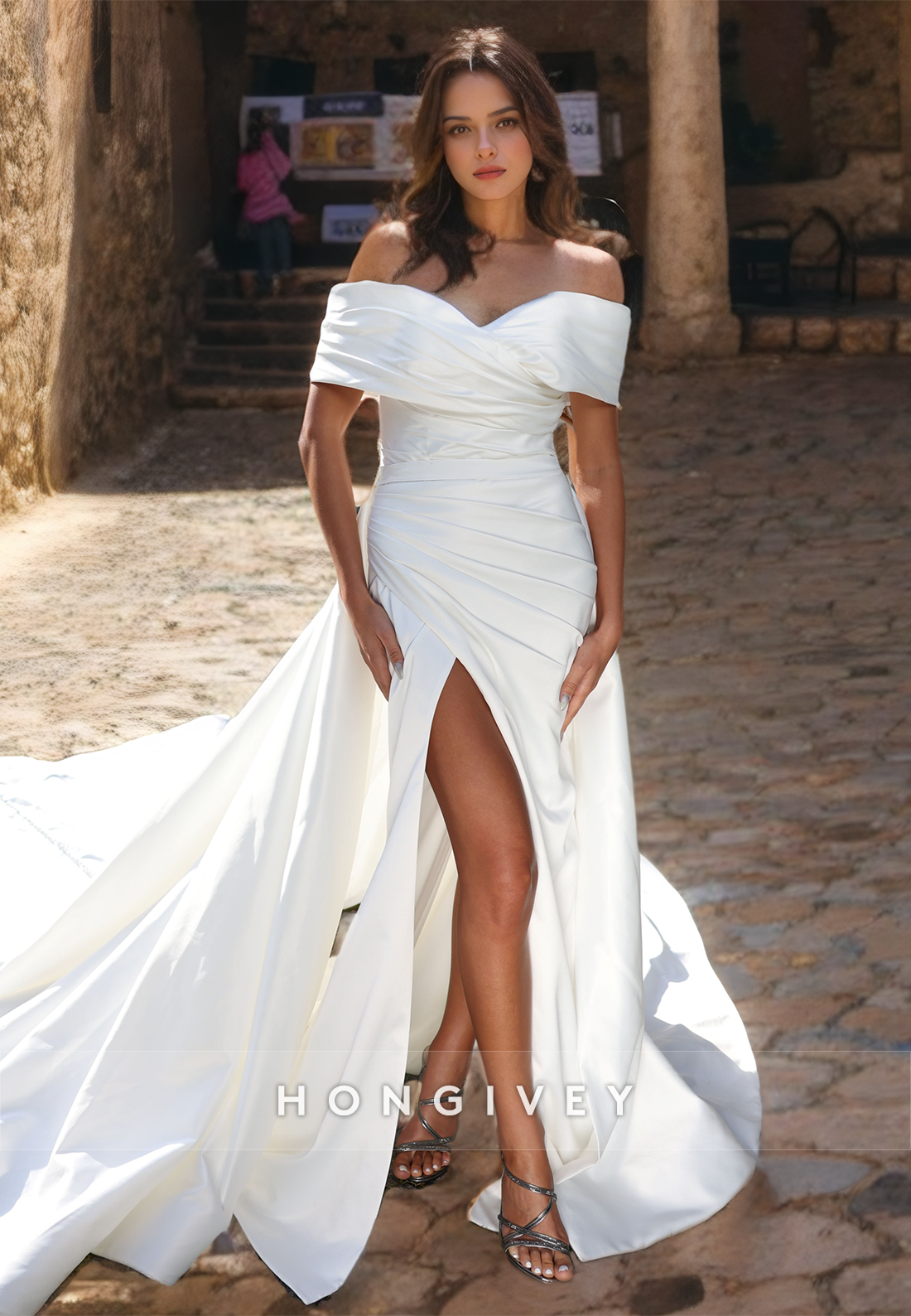 Elegant & Luxurious Satin Offshoulder Empire Ruched With Side Slit Train Wedding Dress