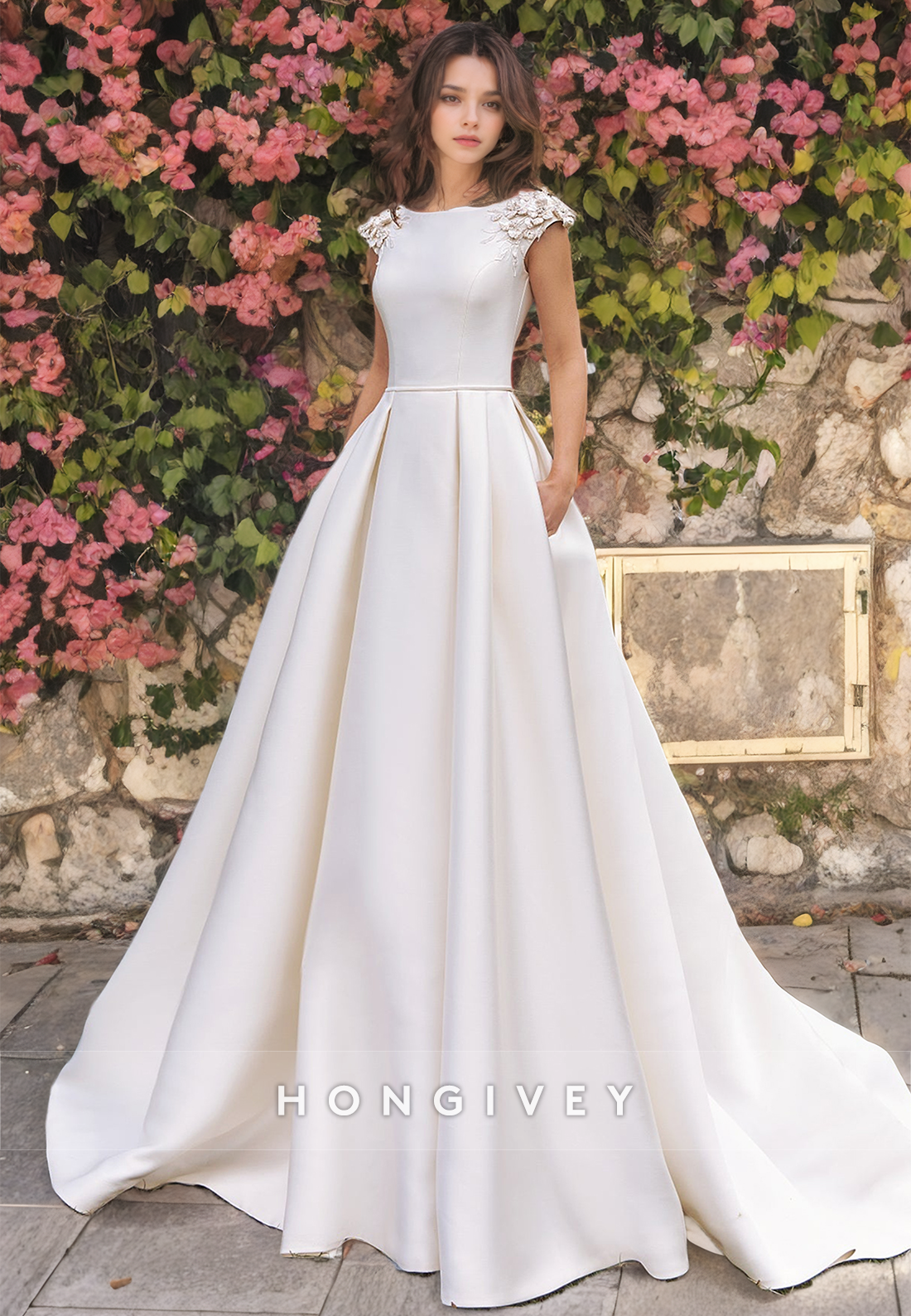 Elegant Applique Short Sleeves Bateau Aline Floorlength Satin Wedding Dress