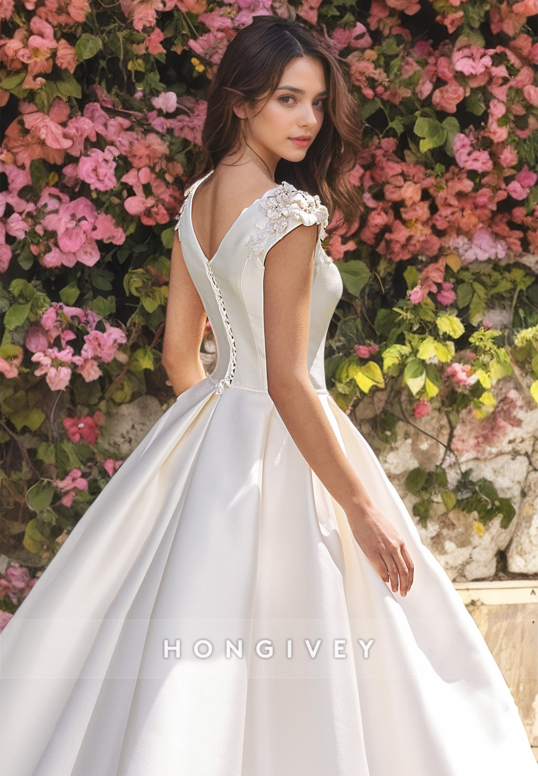 Elegant Applique Short Sleeves Bateau Aline Floorlength Satin Wedding Dress