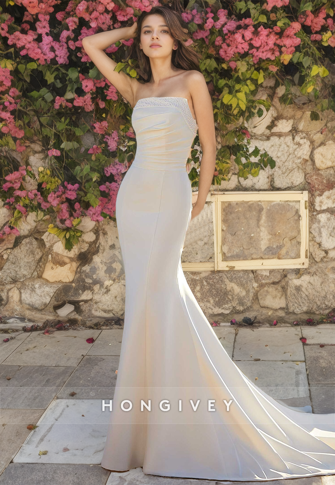 Chic Beaded Strapless Mermaid Wedding Dress Simple Satin Brial Gown