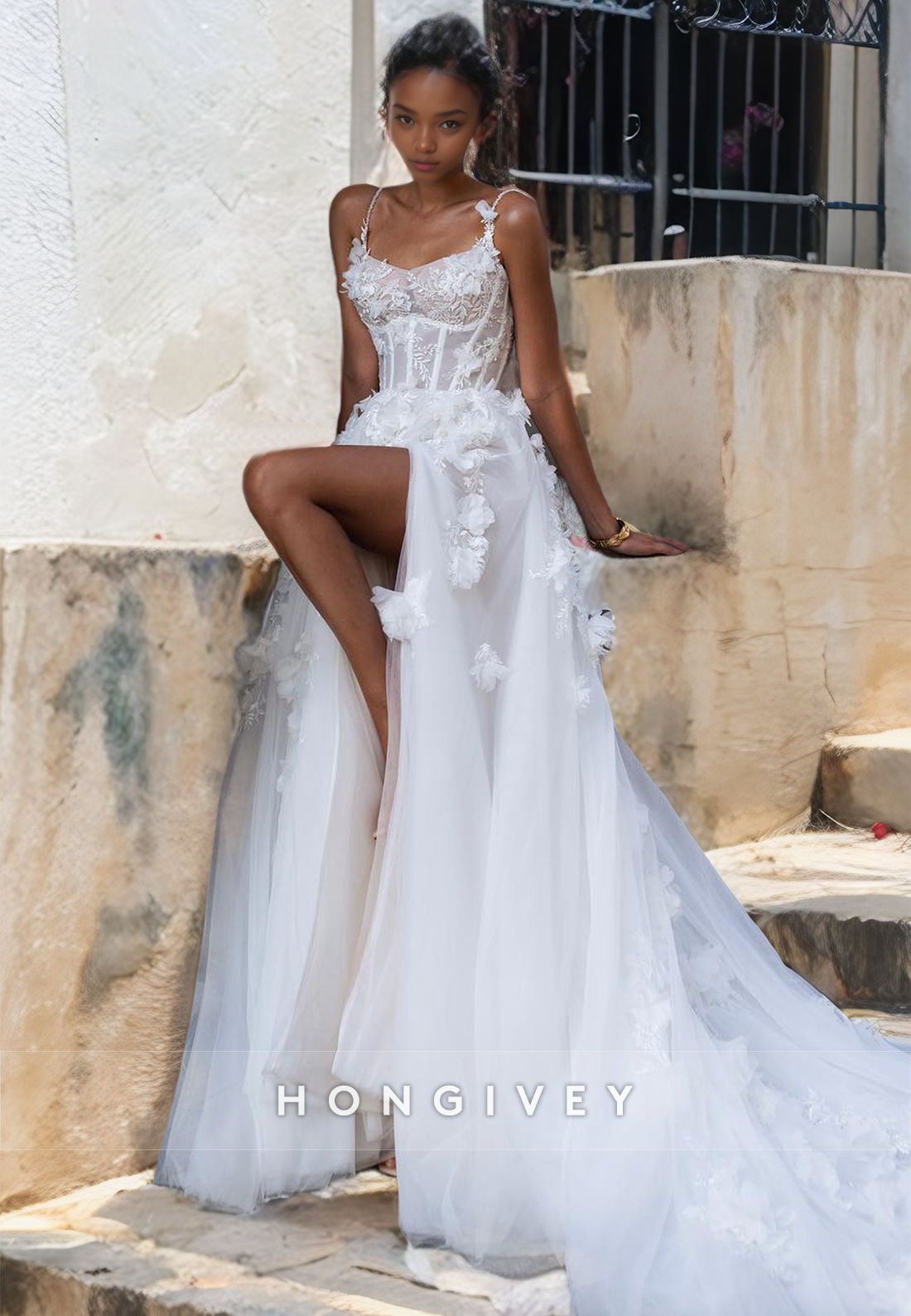 Sexy Lace Aline Bateau Spaghetti Straps Empire Floral Embossed With Side Slit Train Wedding Dress