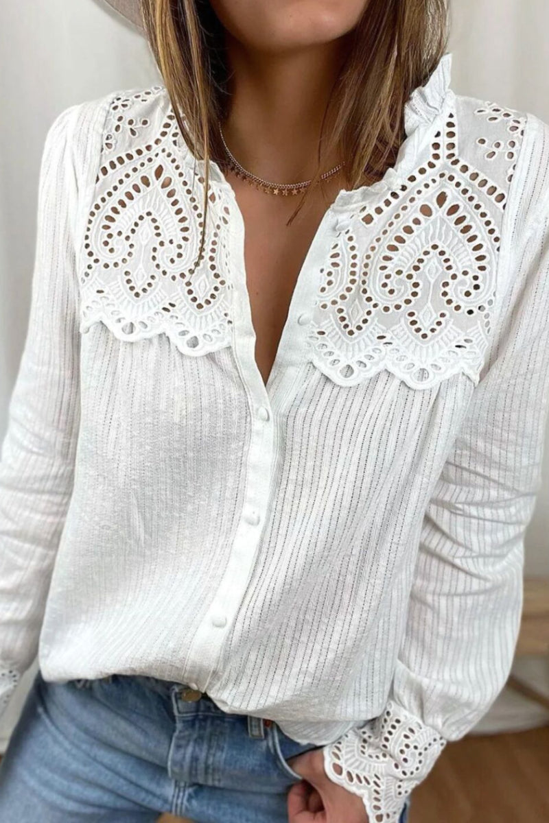 V-neck Pleated Lace Panel  Shirt