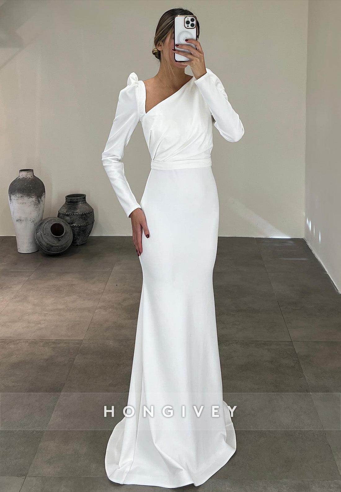 L Trumpet Asymmetrical Long Sleeve Empire Party Prom Evening Dress