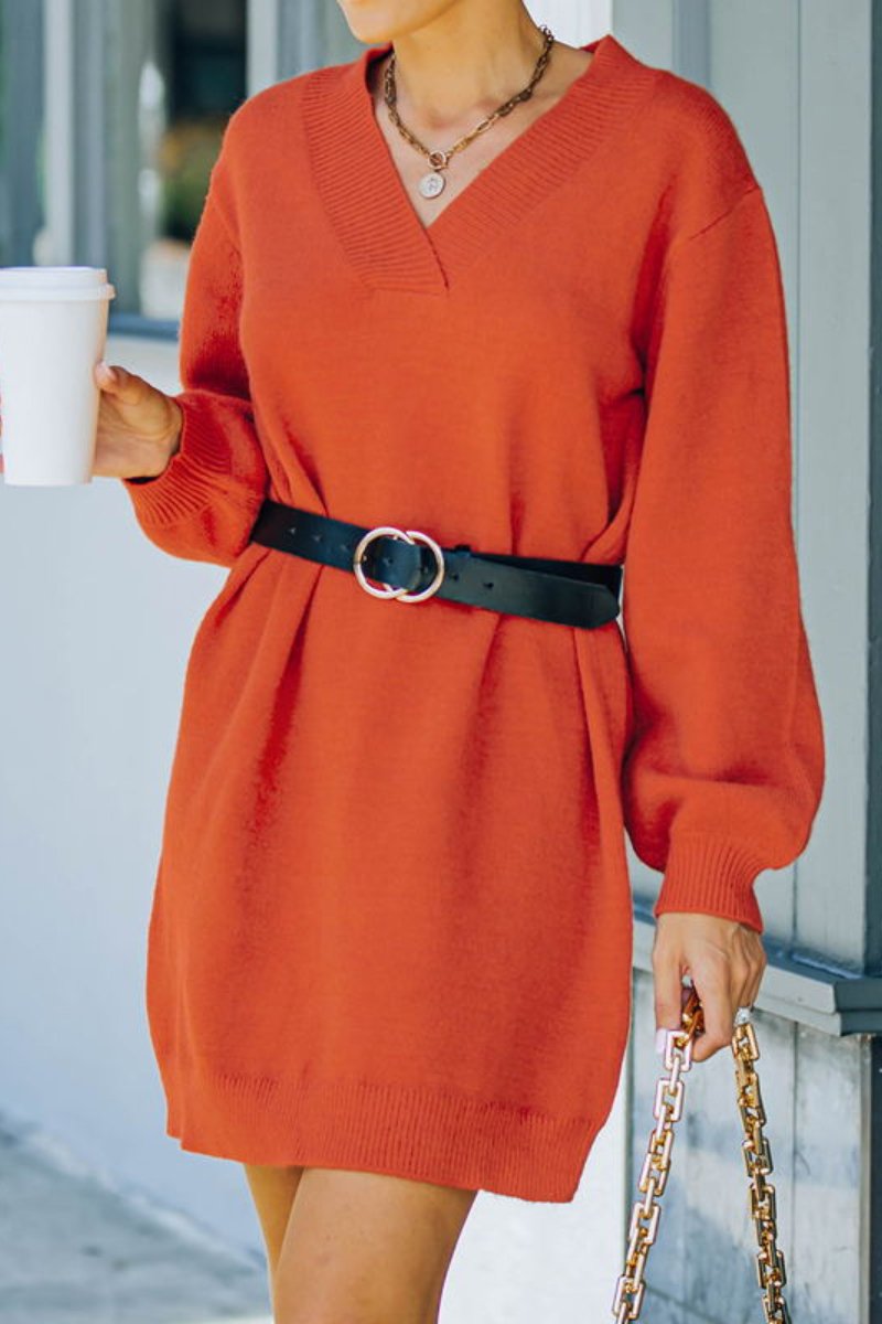 V-Neck Long Sleeve Medium Length Dress