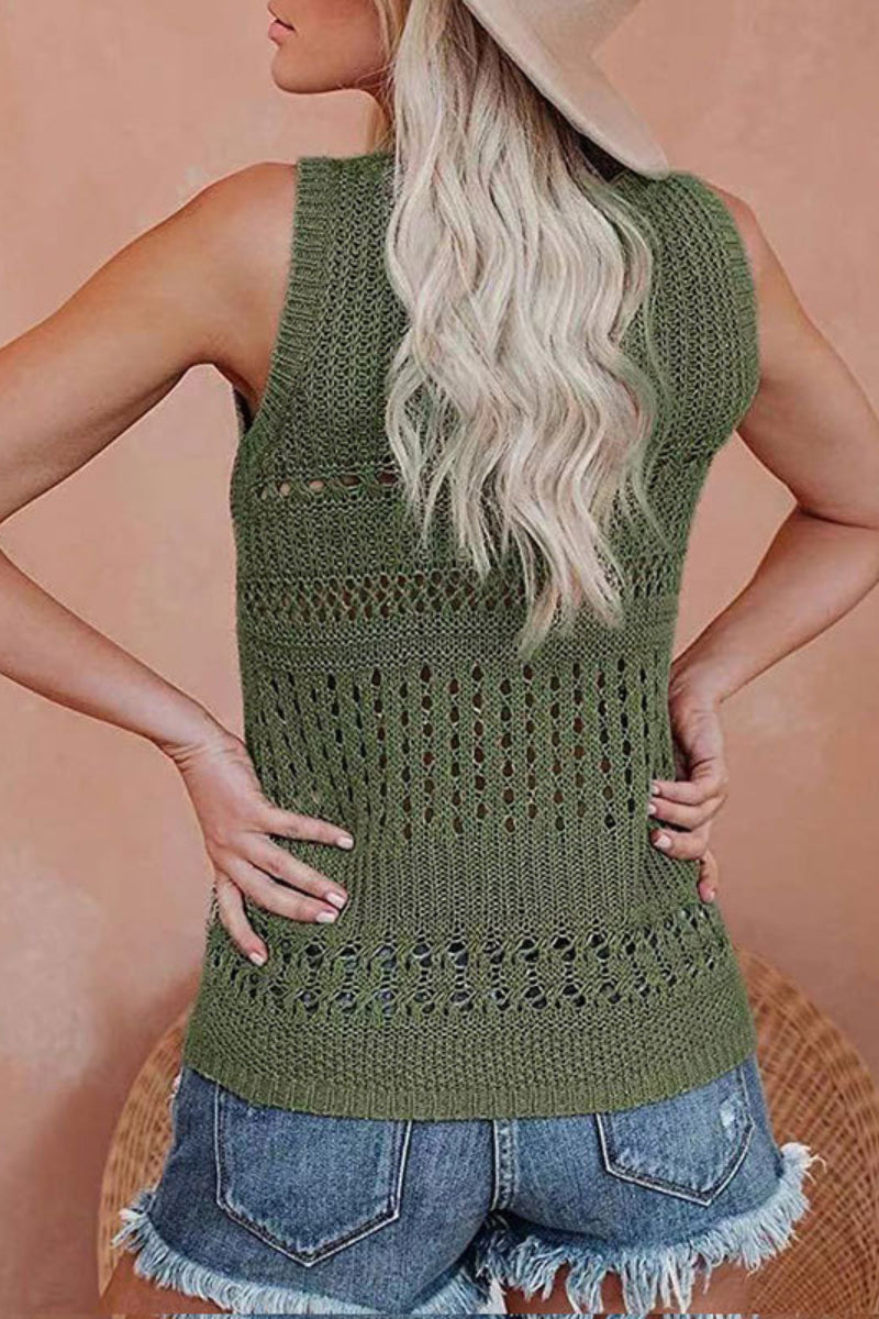 V  Neck Sleeveless  Hollow Out Knit Vest（2 Colors）