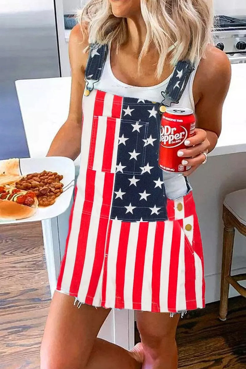 American Flag Star Striped Pocket Overall Mini Dress