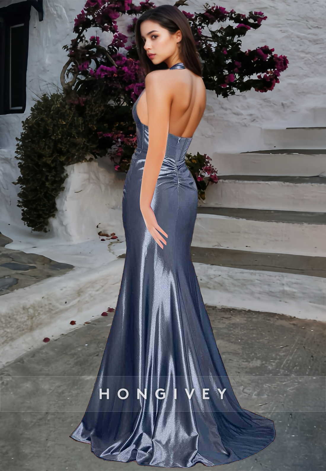 Sexy Vneck Backless Empire Waist Evening Dress With Side Slit Formal Party Dress