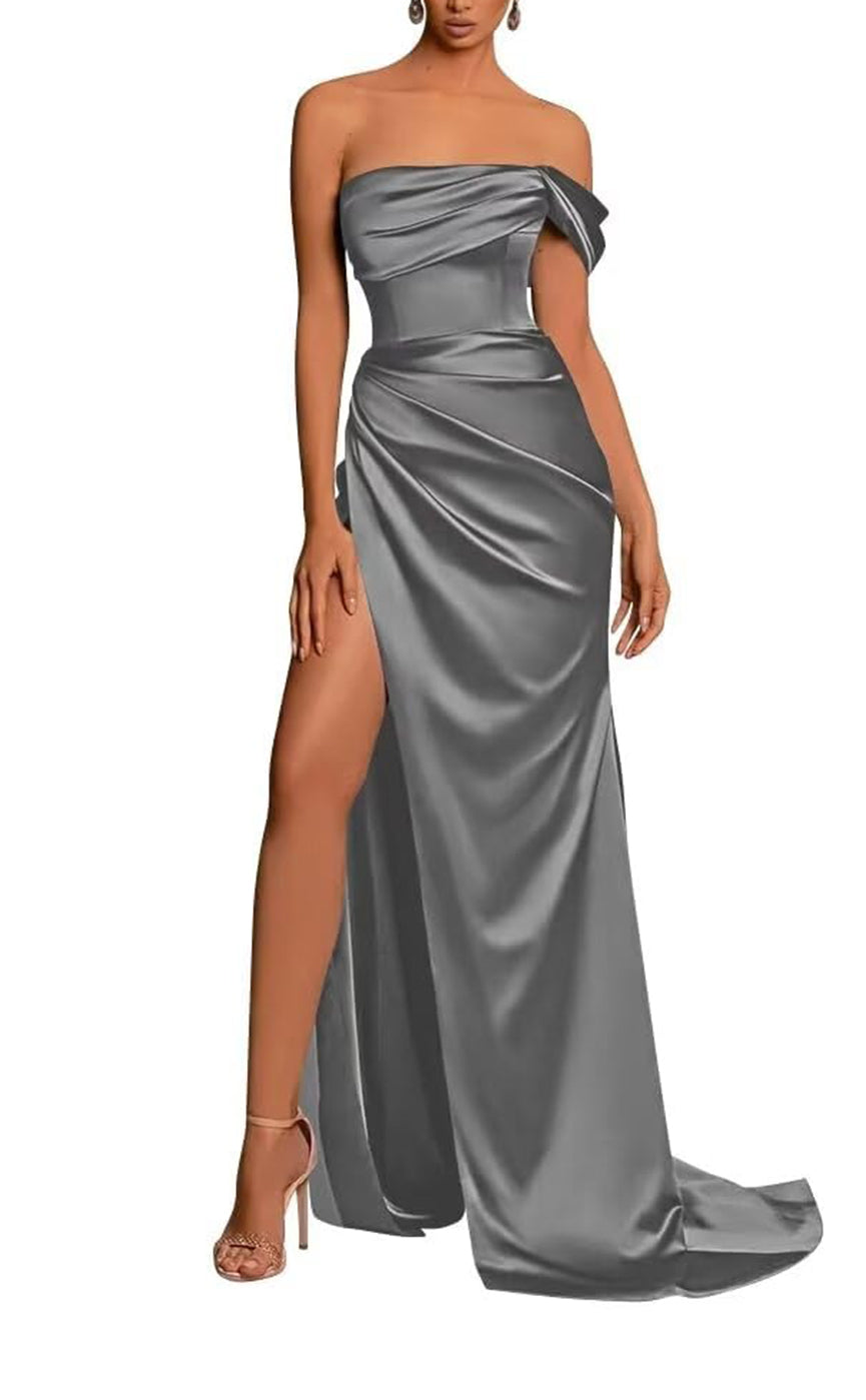 L Couture Simple Draped Sleeveless With Train And High Slit Party Prom Formal Evening Dress