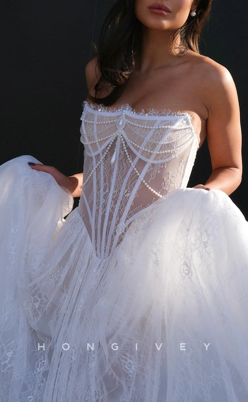 H Tulle Aline Strapless Sheer Lace Applique Wedding Dress