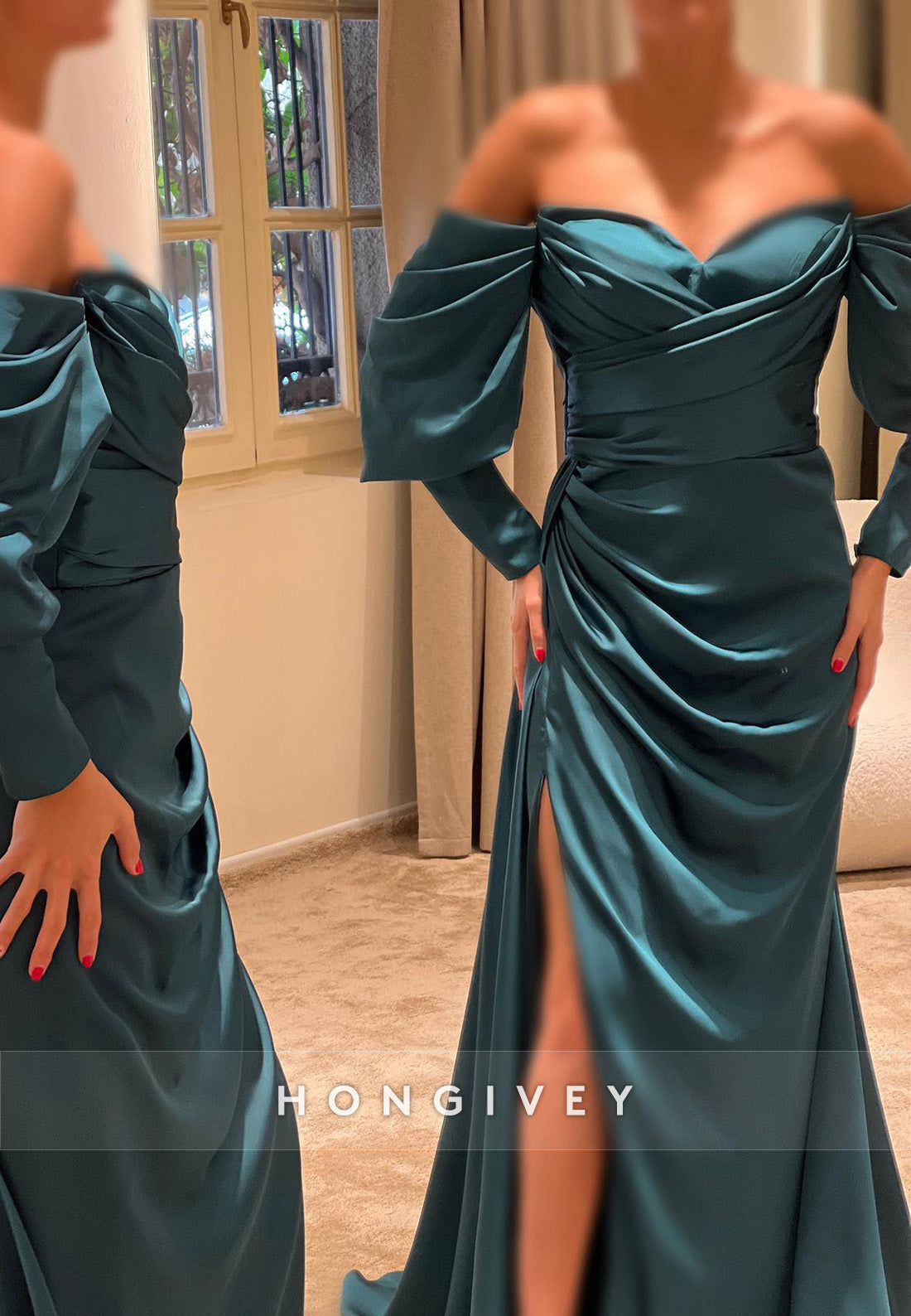 L Offshoulder Long Sleeve Empire With Side Slit Party Prom Evening Dress