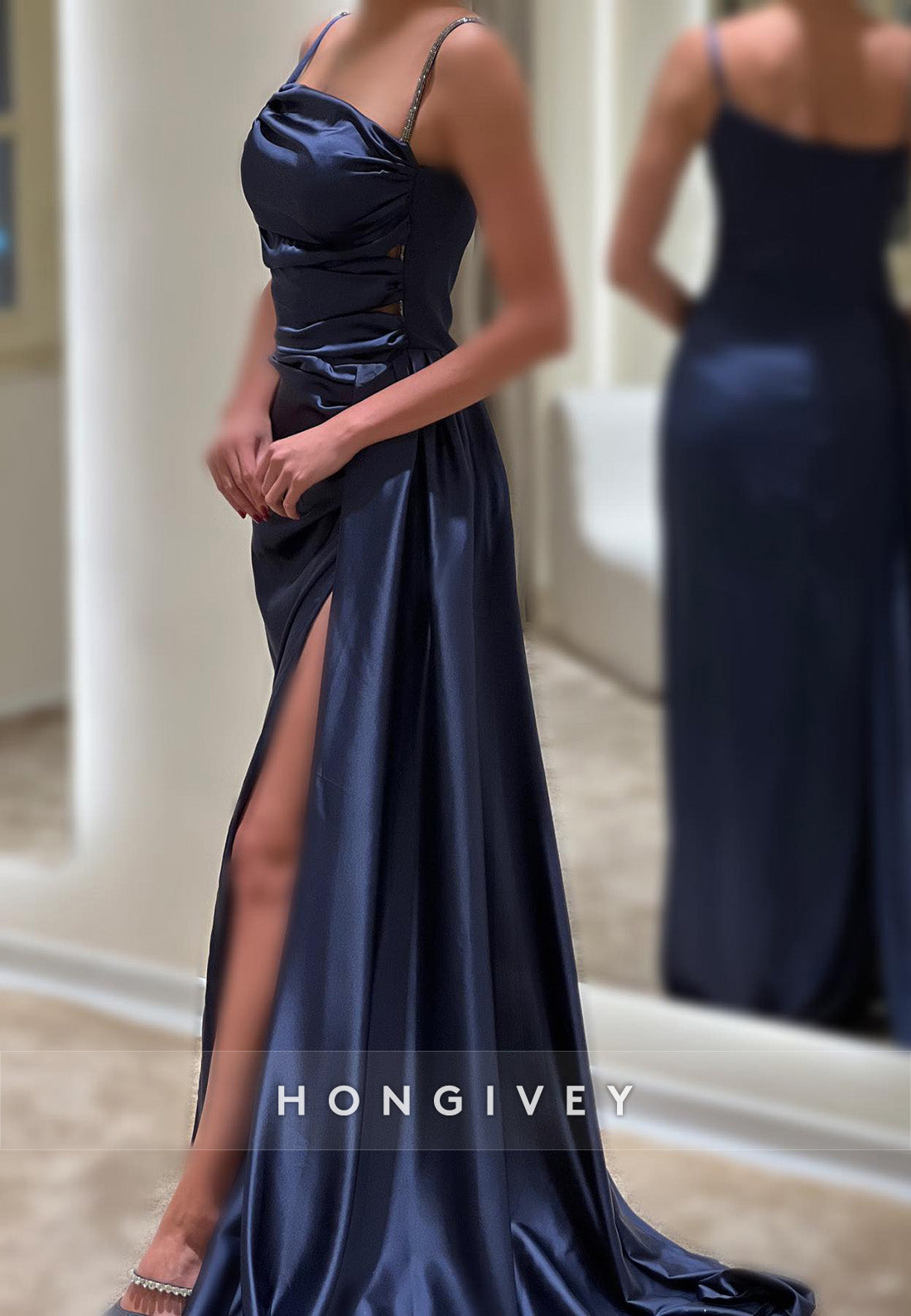 L Satin Spaghetti Straps Ruched Beaded With Side Slit Party Prom Evening Dress