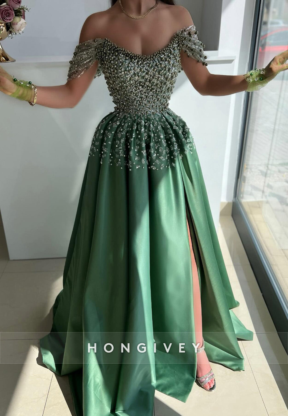 L Aline Offshoulder Beaded With Side Slit Party Prom Evening Dress