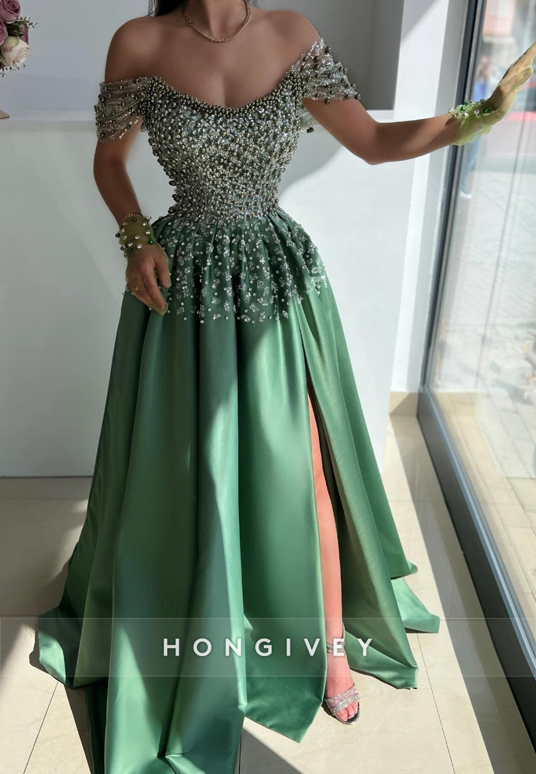 L Aline Offshoulder Beaded With Side Slit Party Prom Evening Dress