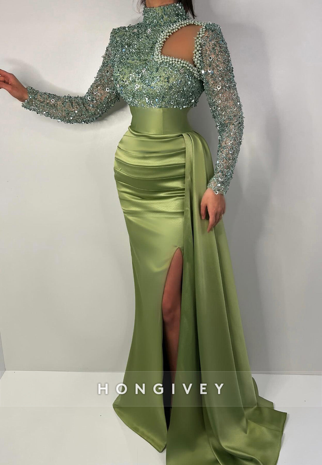 L High Neck Long Sleeve Empire Beaded Prom Evening Dress