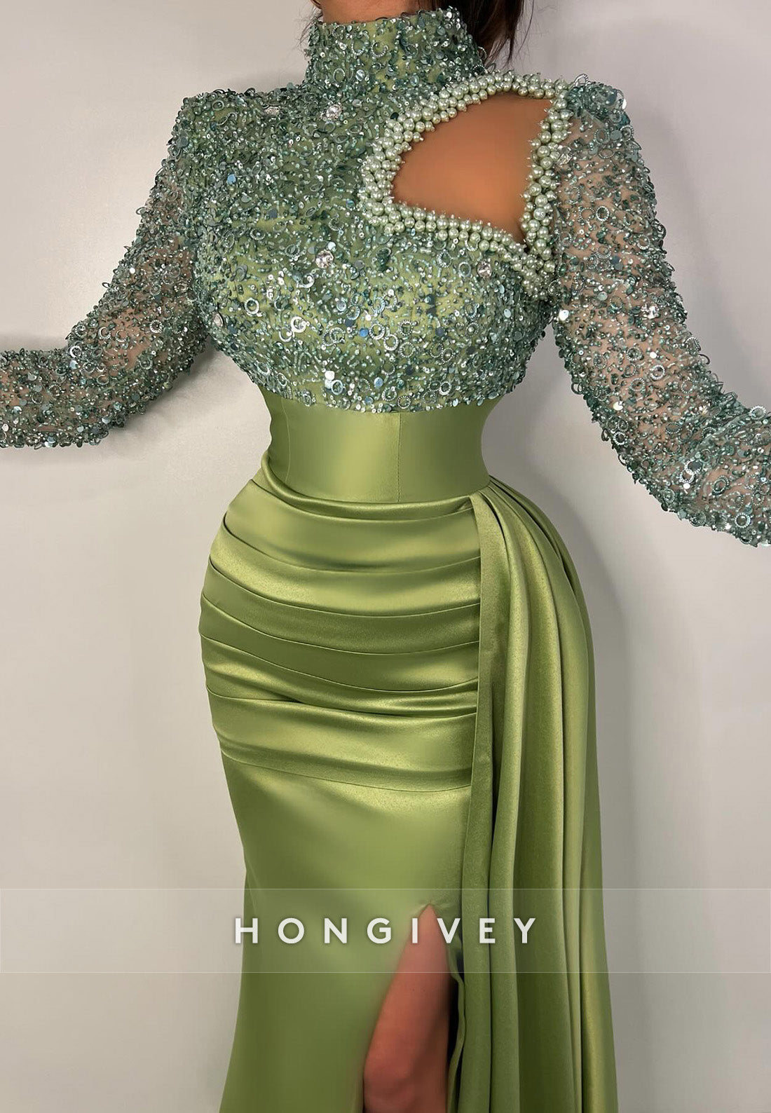 L High Neck Long Sleeve Empire Beaded Prom Evening Dress