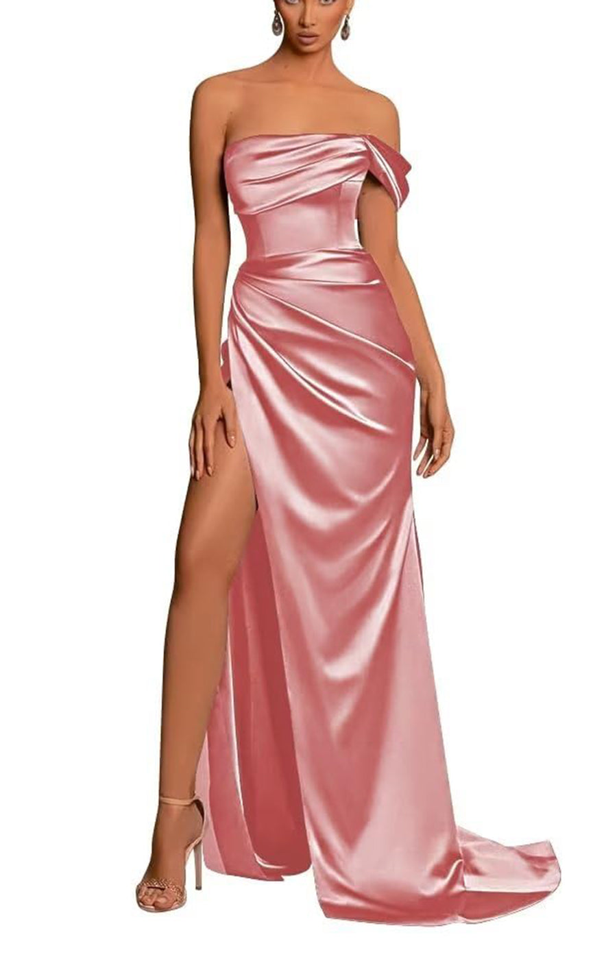 L Couture Simple Draped Sleeveless With Train And High Slit Party Prom Formal Evening Dress