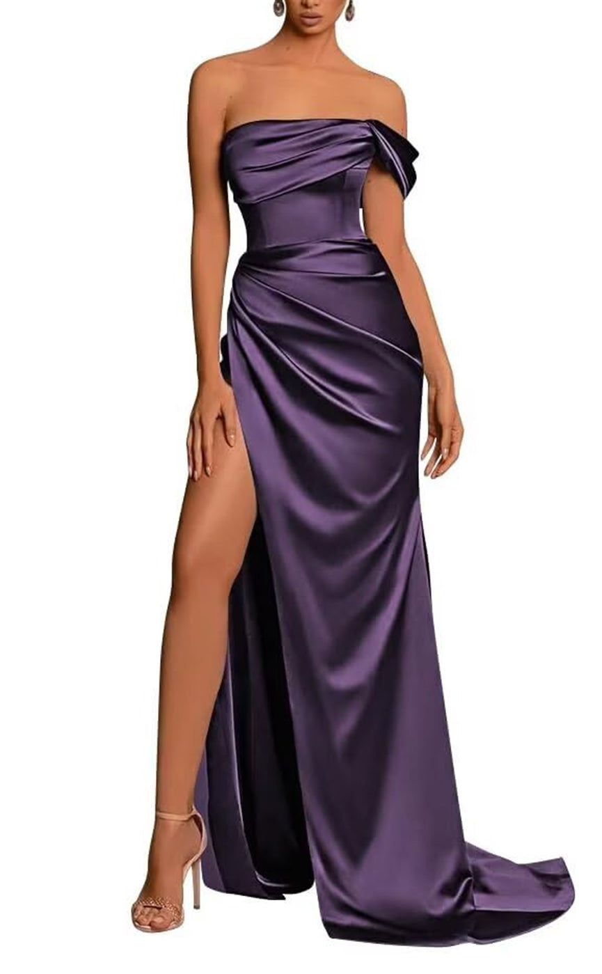 L Couture Simple Draped Sleeveless With Train And High Slit Party Prom Formal Evening Dress