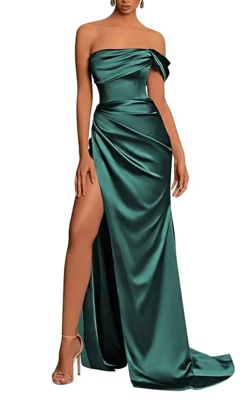 L Couture Simple Draped Sleeveless With Train And High Slit Party Prom Formal Evening Dress