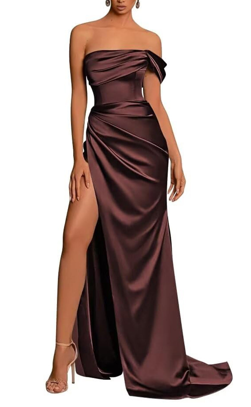 L Couture Simple Draped Sleeveless With Train And High Slit Party Prom Formal Evening Dress