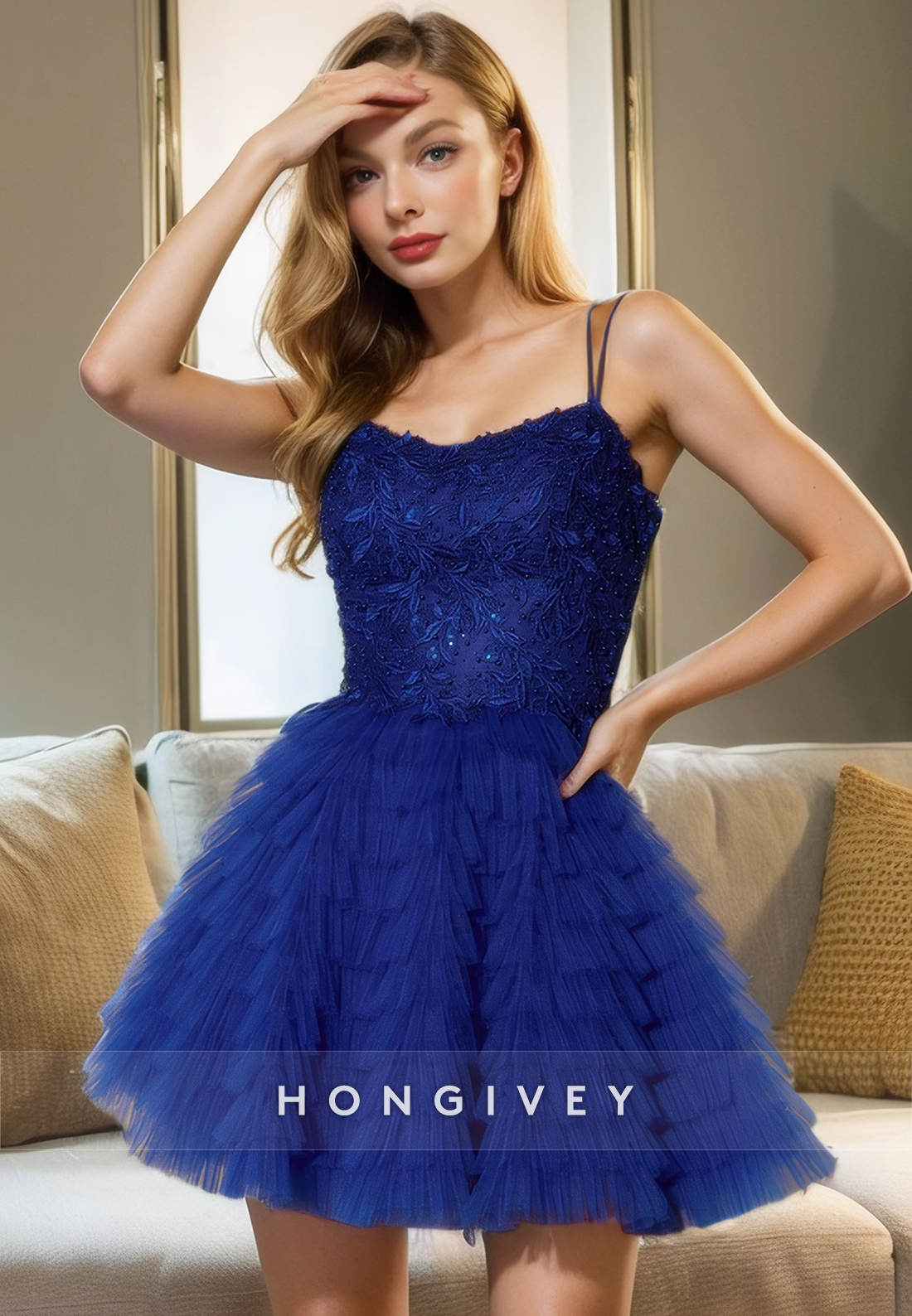 Aline Spaghetti Straps Bateau Two Tone Laceup Party/Homecoming Dress