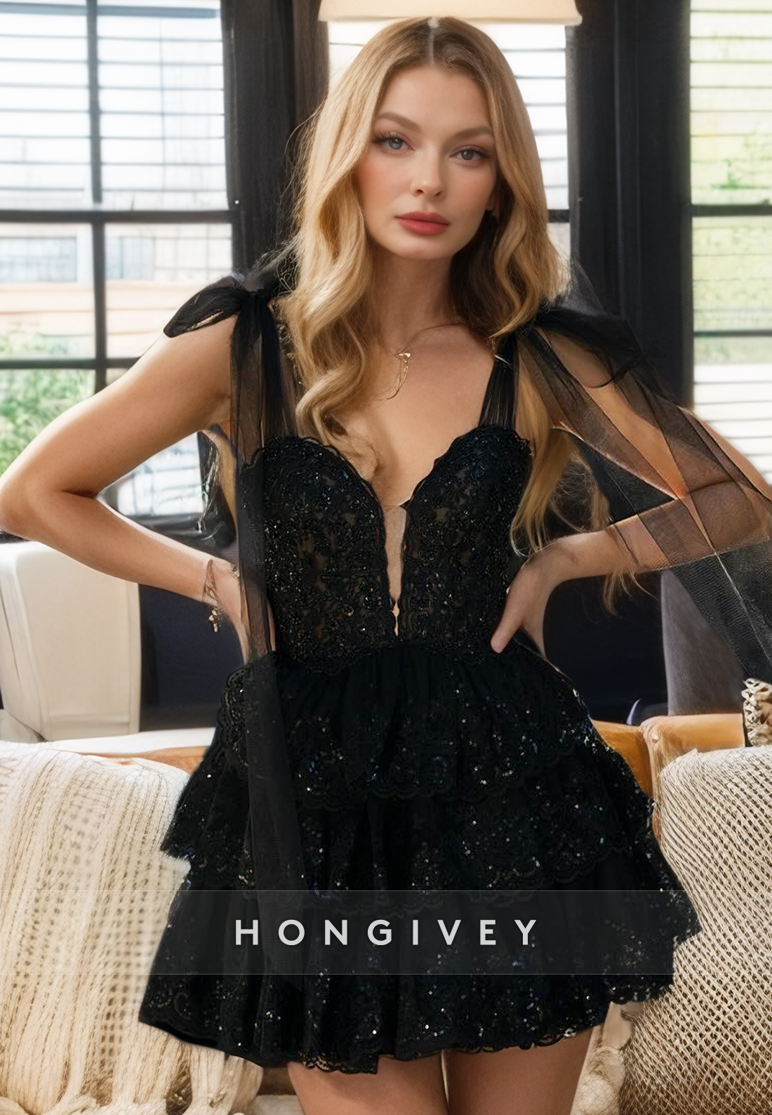 Sexy Aline Vneck Spaghetti Straps Lace Applique Party/Homecoming Dress