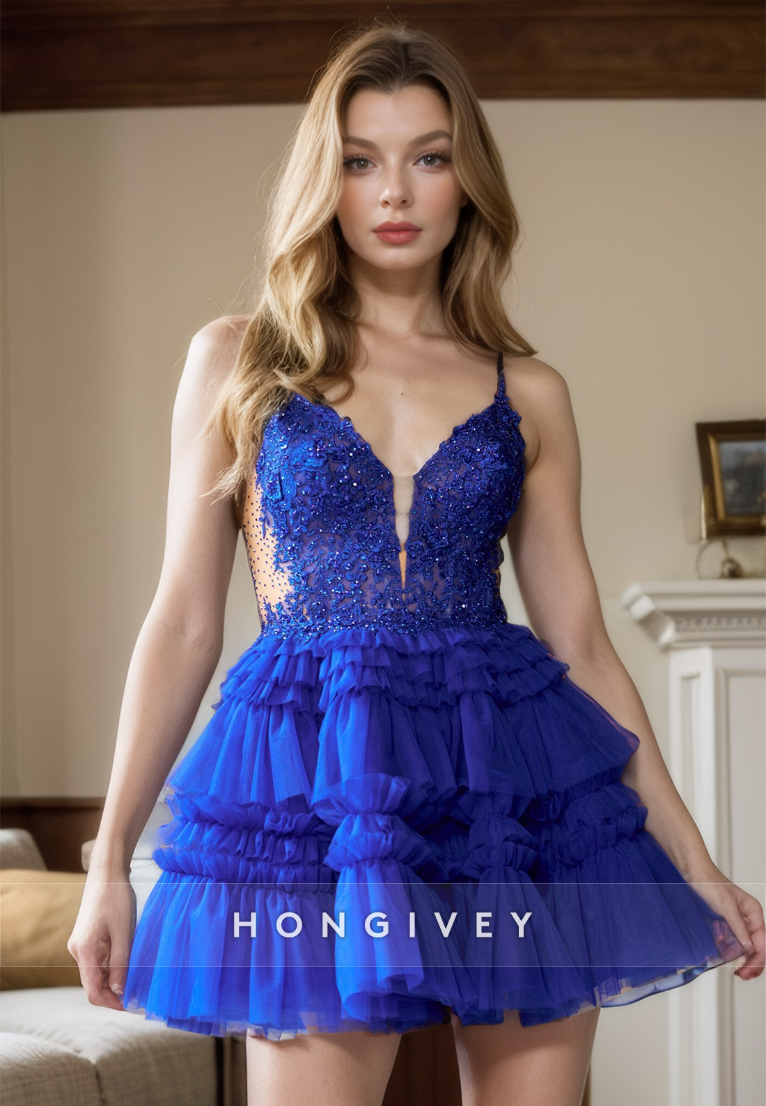 Vneck Spaghetti Straps Square Aline Laceup Homecoming Dress