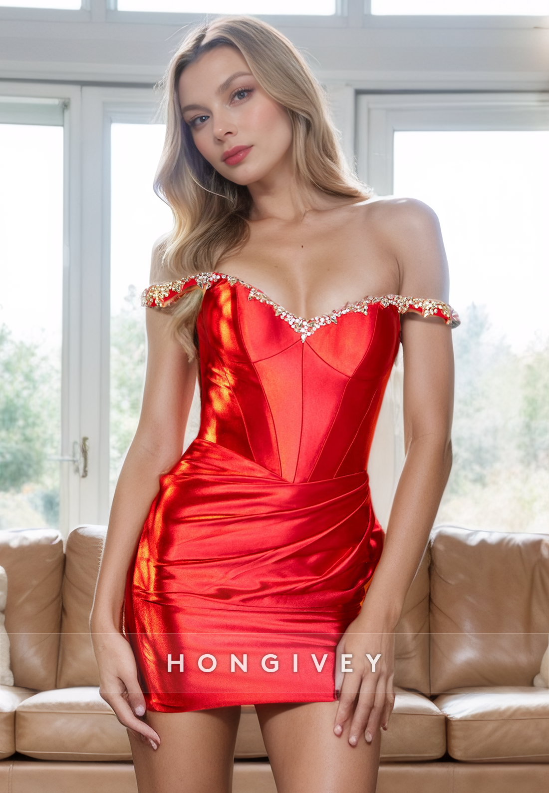 Offshoulder Fitted Empire Beaded Ruched Party Evening Homecoming Dress