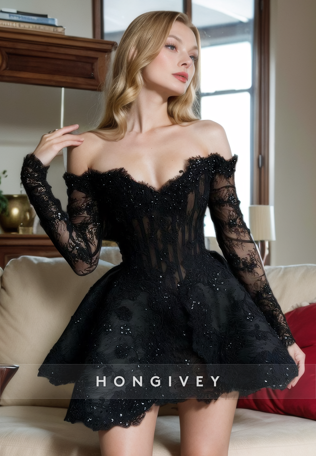 Chic Aline Offshoulder Long Sleeve Lace Applique Short Homecoming Dress