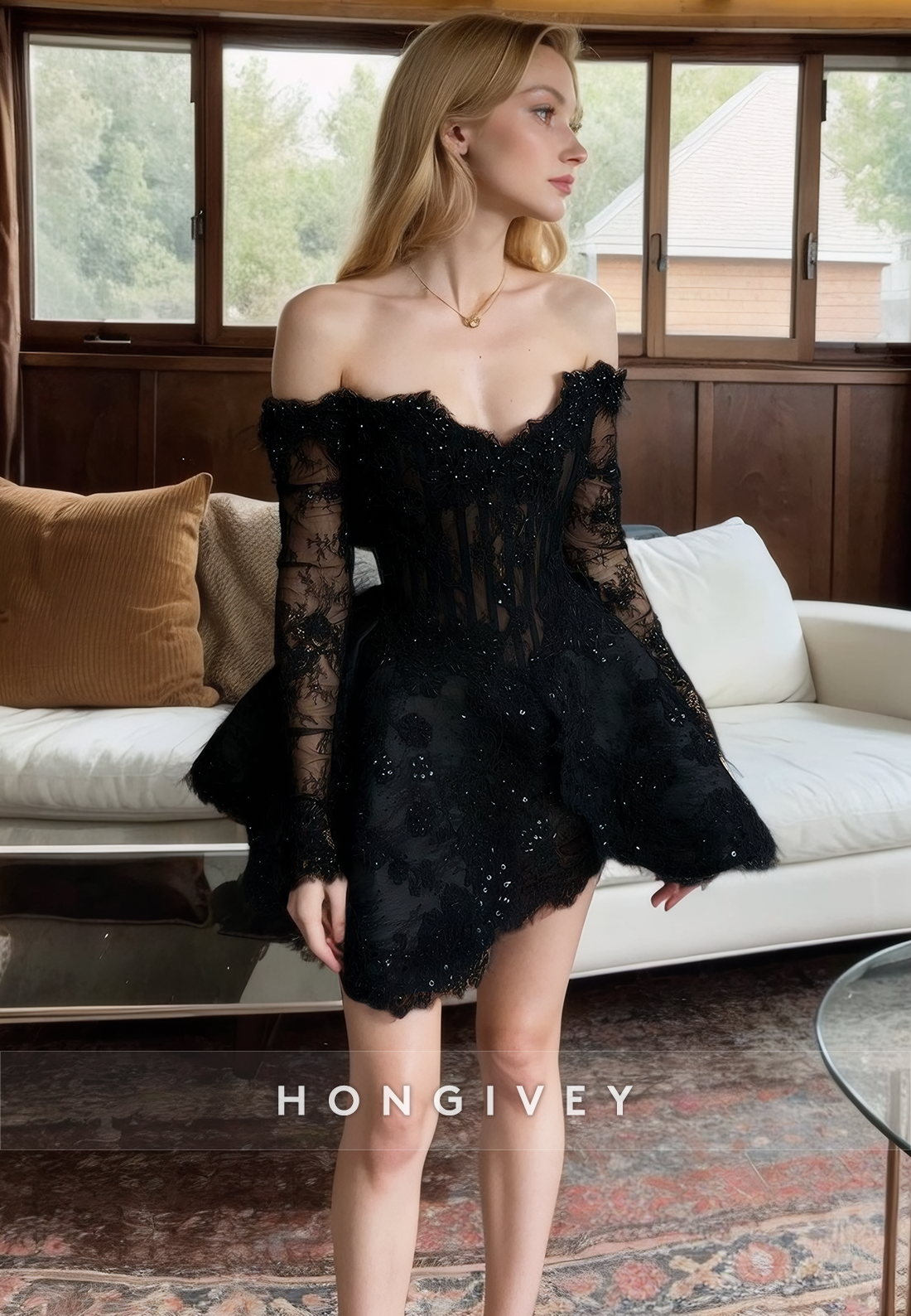 Chic Aline Offshoulder Long Sleeve Lace Applique Short Homecoming Dress