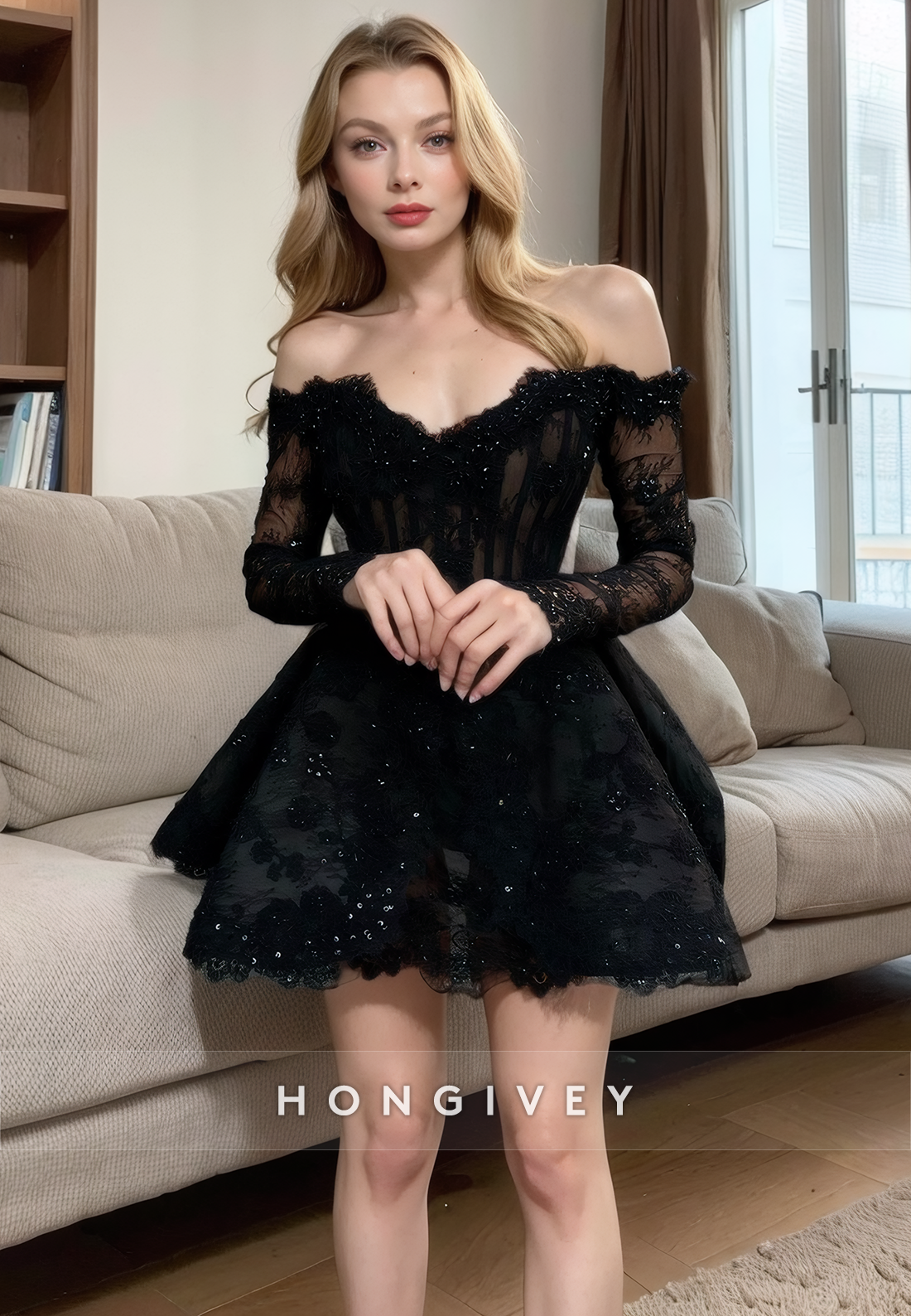 Chic Aline Offshoulder Long Sleeve Lace Applique Short Homecoming Dress