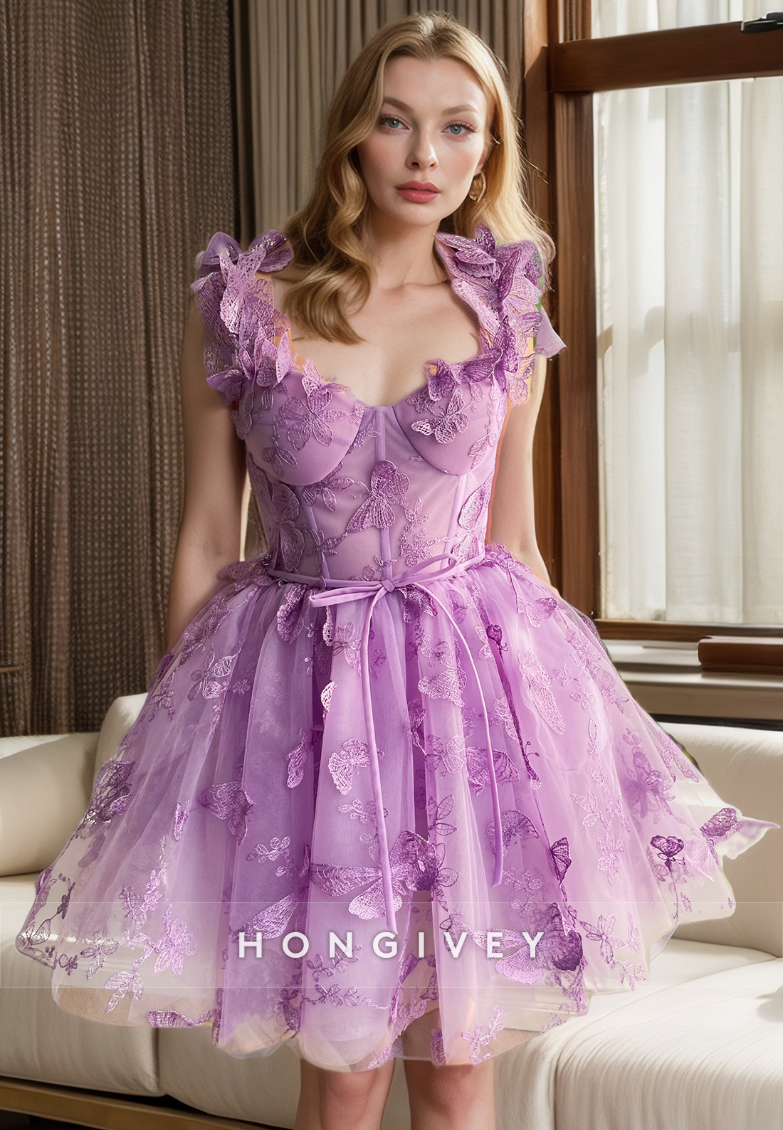 Tulle Aline Vneck Empire Floral Appliqued Short Homecoming Dress