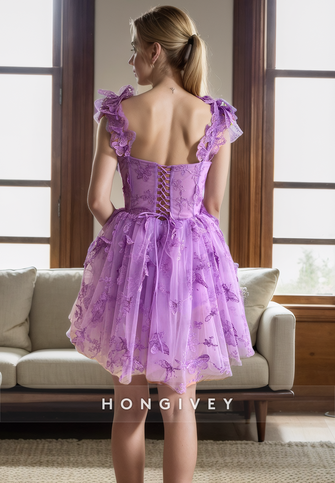 Tulle Aline Vneck Empire Floral Appliqued Short Homecoming Dress