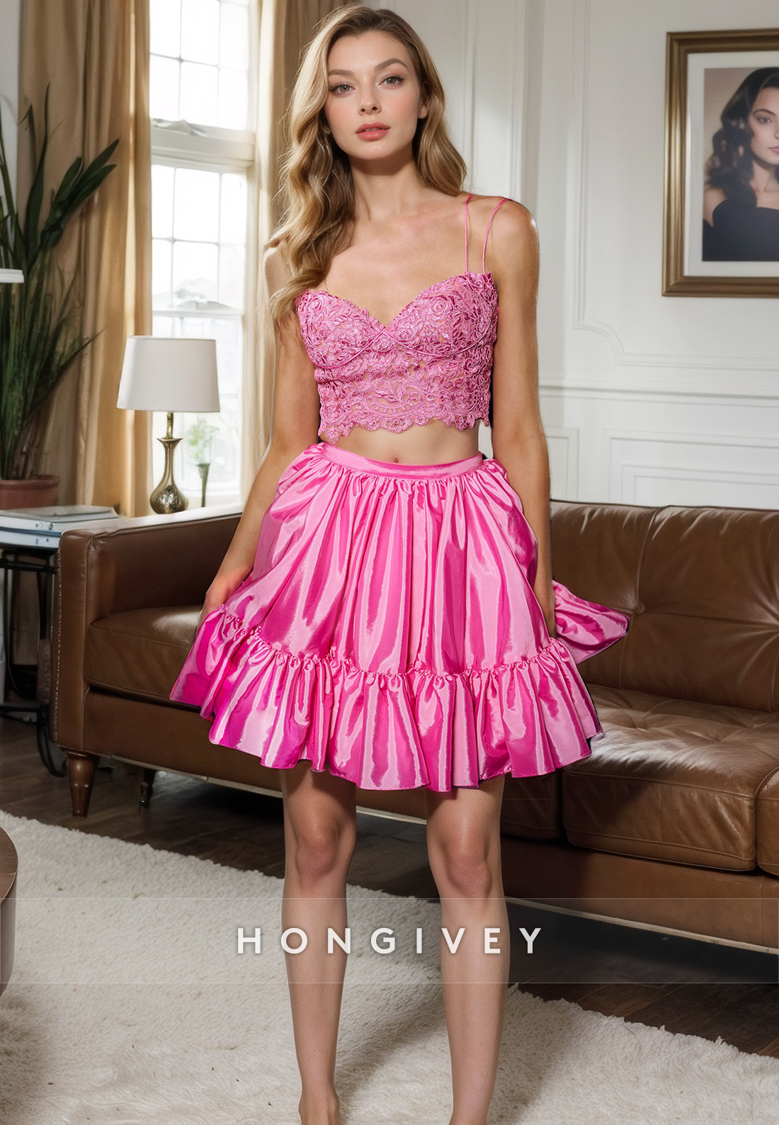 Pink Satin Aline Spaghetti Straps Twopiece Party Evening Homecoming Dress