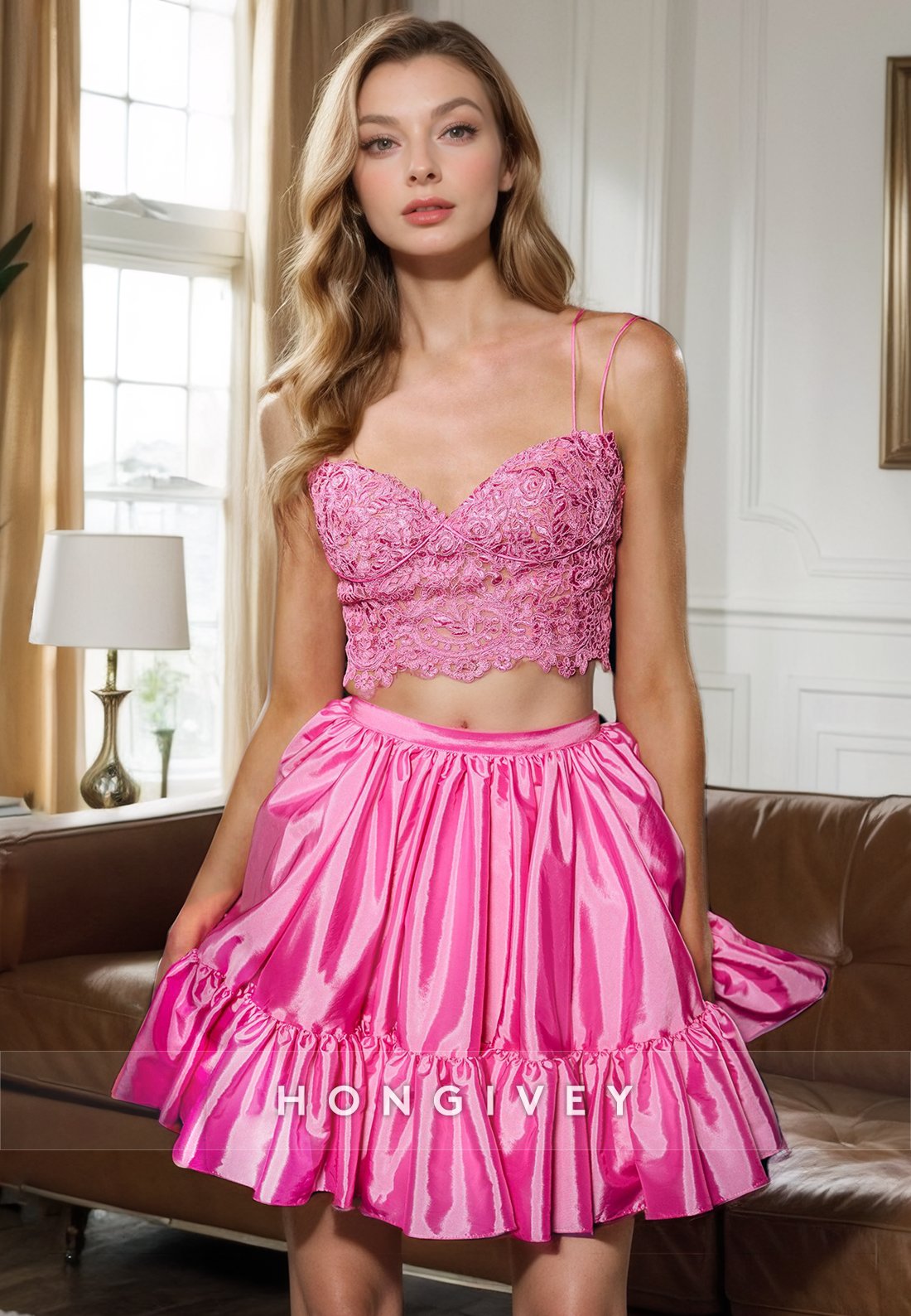 Pink Satin Aline Spaghetti Straps Twopiece Party Evening Homecoming Dress