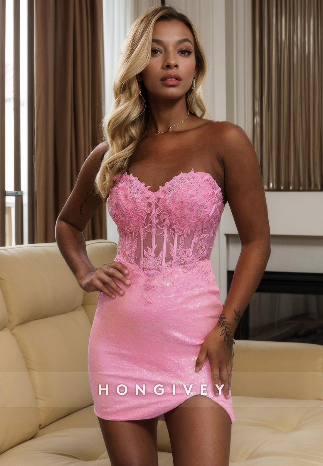 Detachable Offshoulder Sweetheart Lace Applique Sheer Party Evening Homecoming Dress