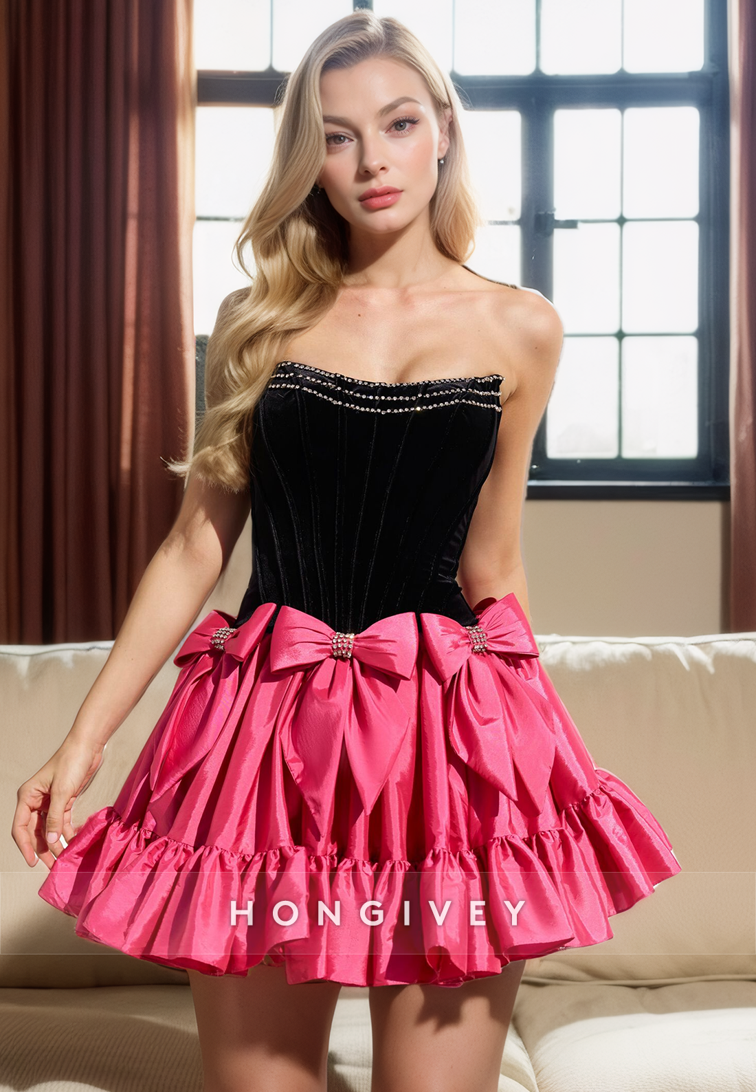 Aline Bateau Strapless Empire Bowknot Ball Gown Party Evening Homecoming Dress