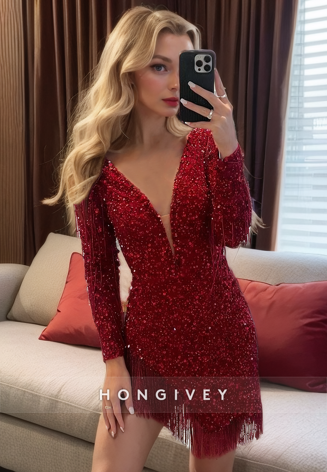 Sexy Glitter Vneck Long Sleeve Sequined Beadfringed Party Evening Homecoming Dress