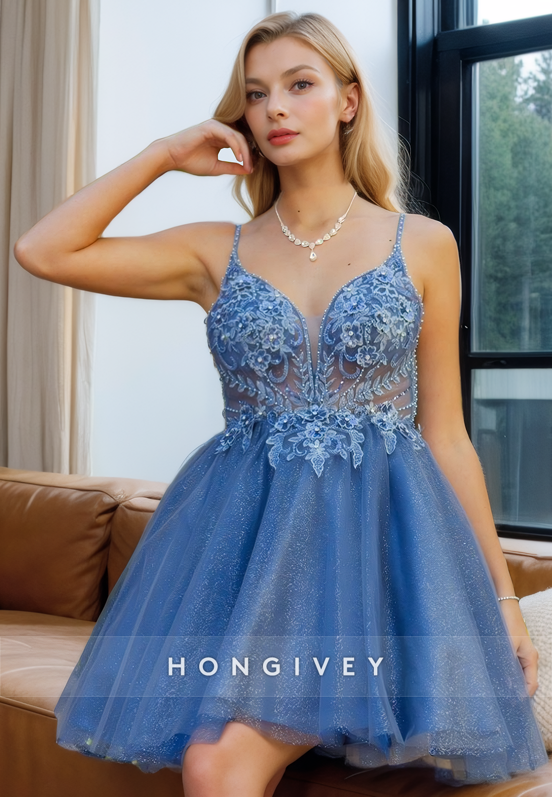 Tulle Aline Vneck Spaghetti Straps Appliques Evening Homecoming Dress