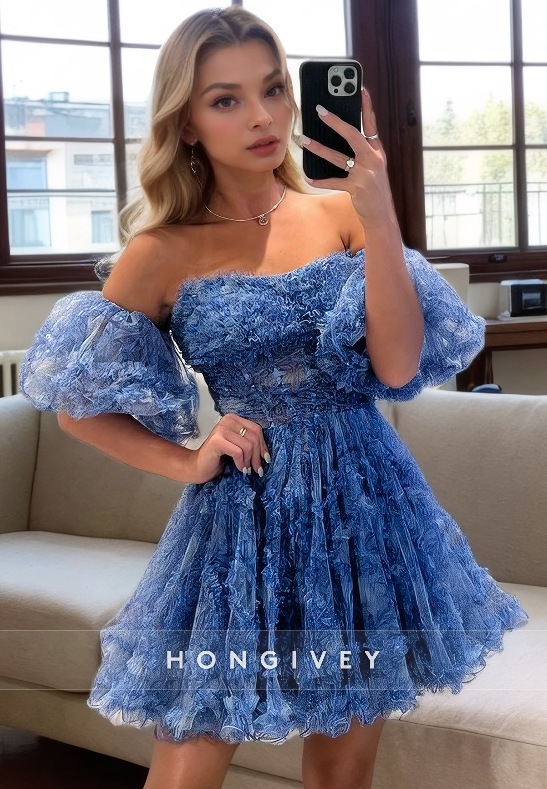 Tulle Aline Offshoulder Puff Sleeves Appliques Short Party Evening Homecoming Dress