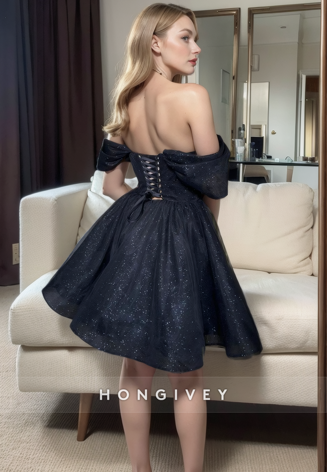 Satin Aline Offshoulder Laceup Short Party Homecoming Dress