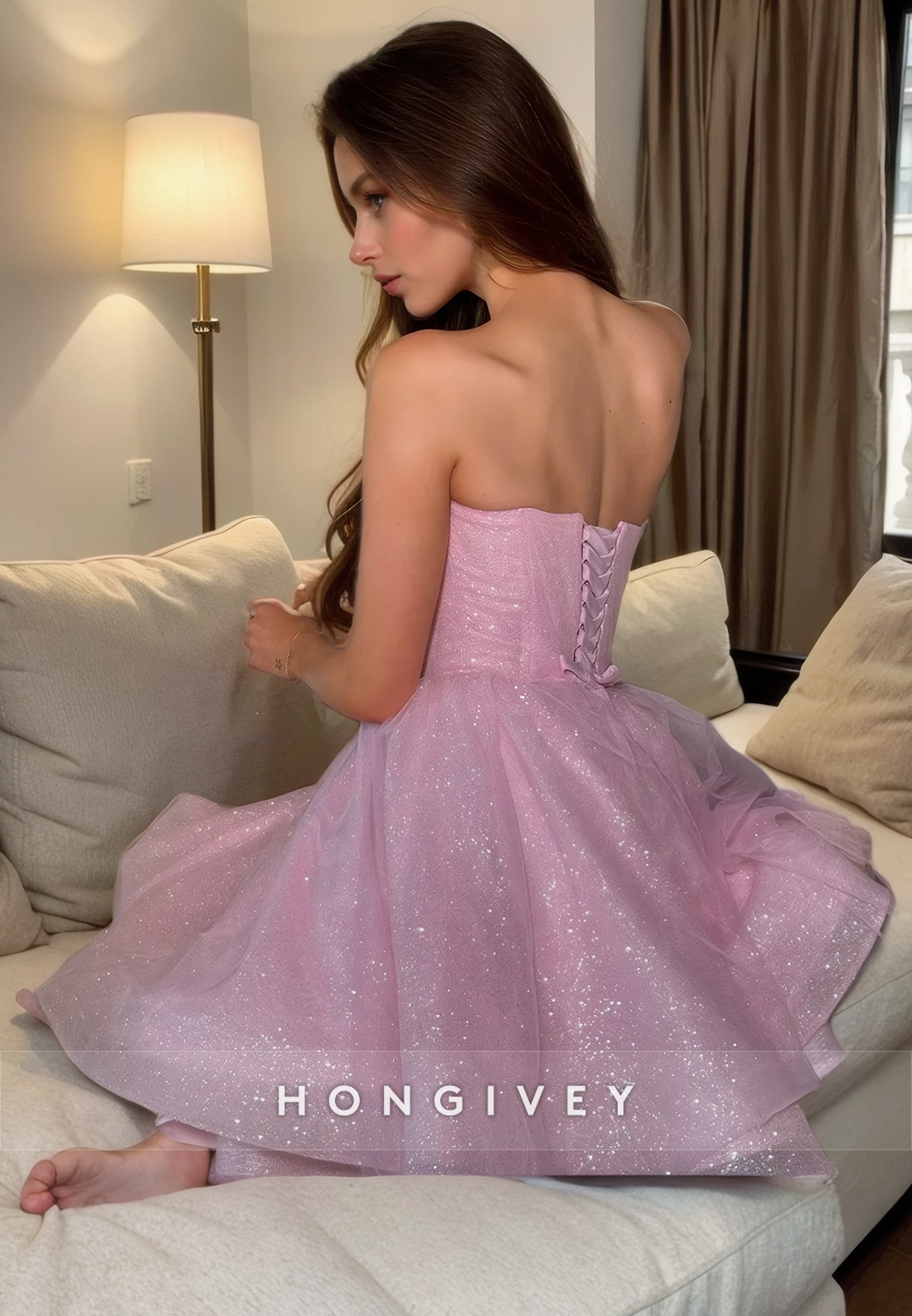 Tulle Aline Sweetheart Strapless Glitter Short Homecoming Dress