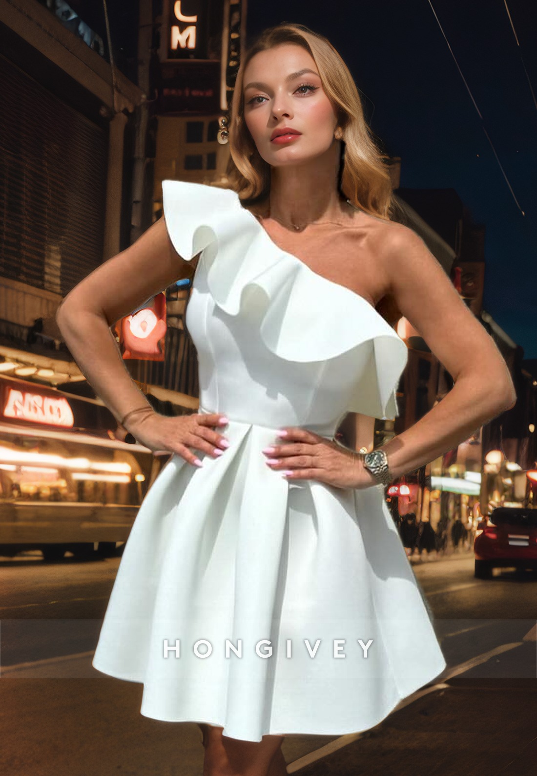 Satin Aline One Shoulder Ruffled Short Homecoming Dress