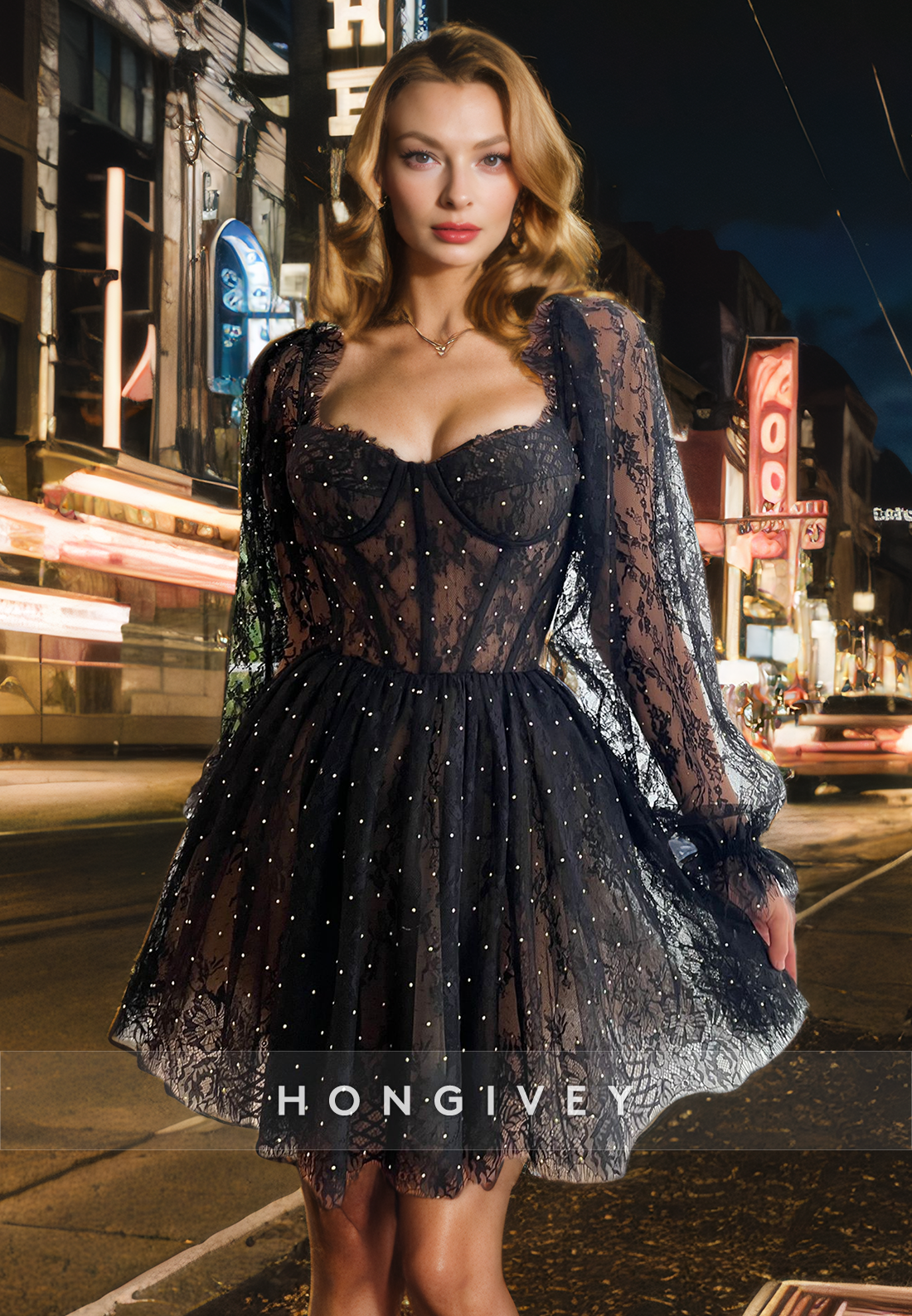 Aline Long Sleeve Sheer Empire Appliques Short Homecoming Dress