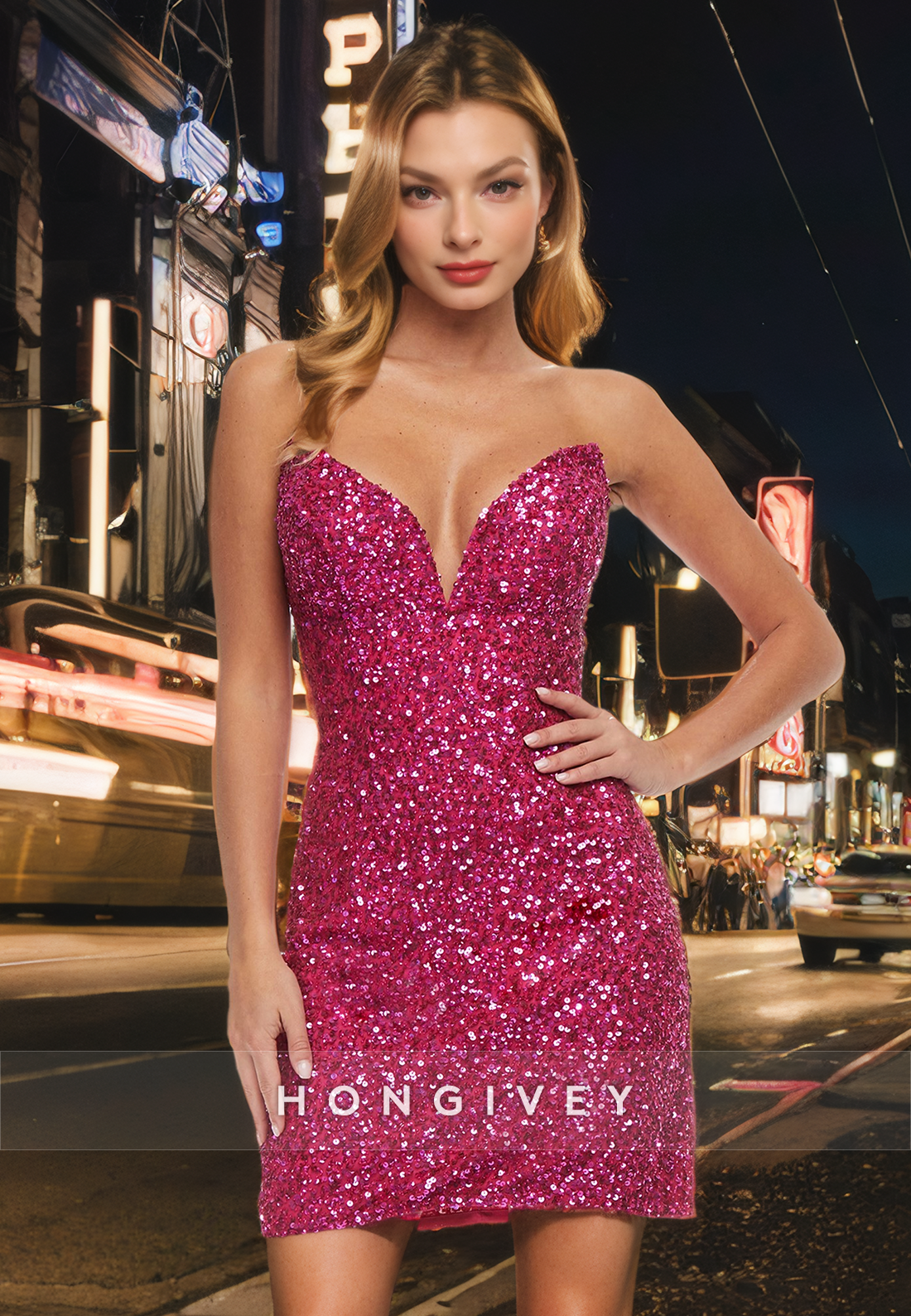 Glitter Fitted Vneck Sleeveless Fully Sequined Party/Homecoming Dress