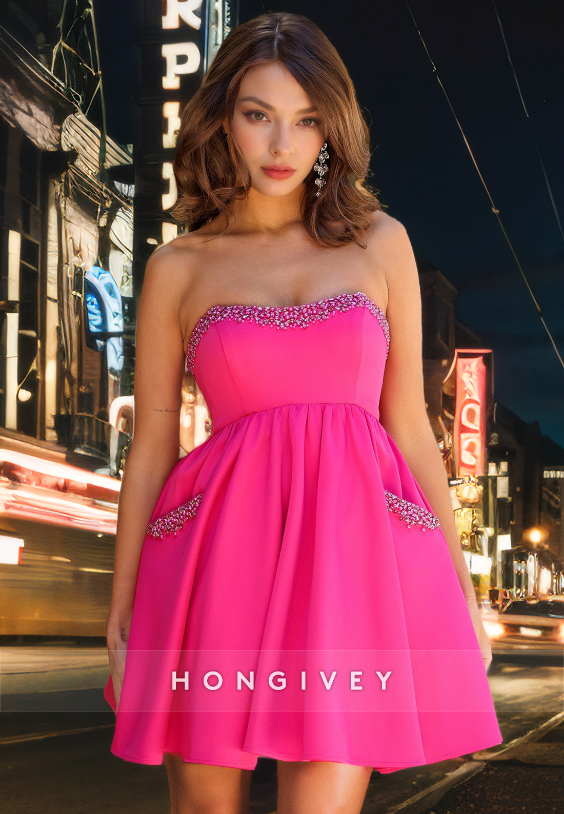 Satin Aline Strapless Beaded Empire Party/Homecoming Dress