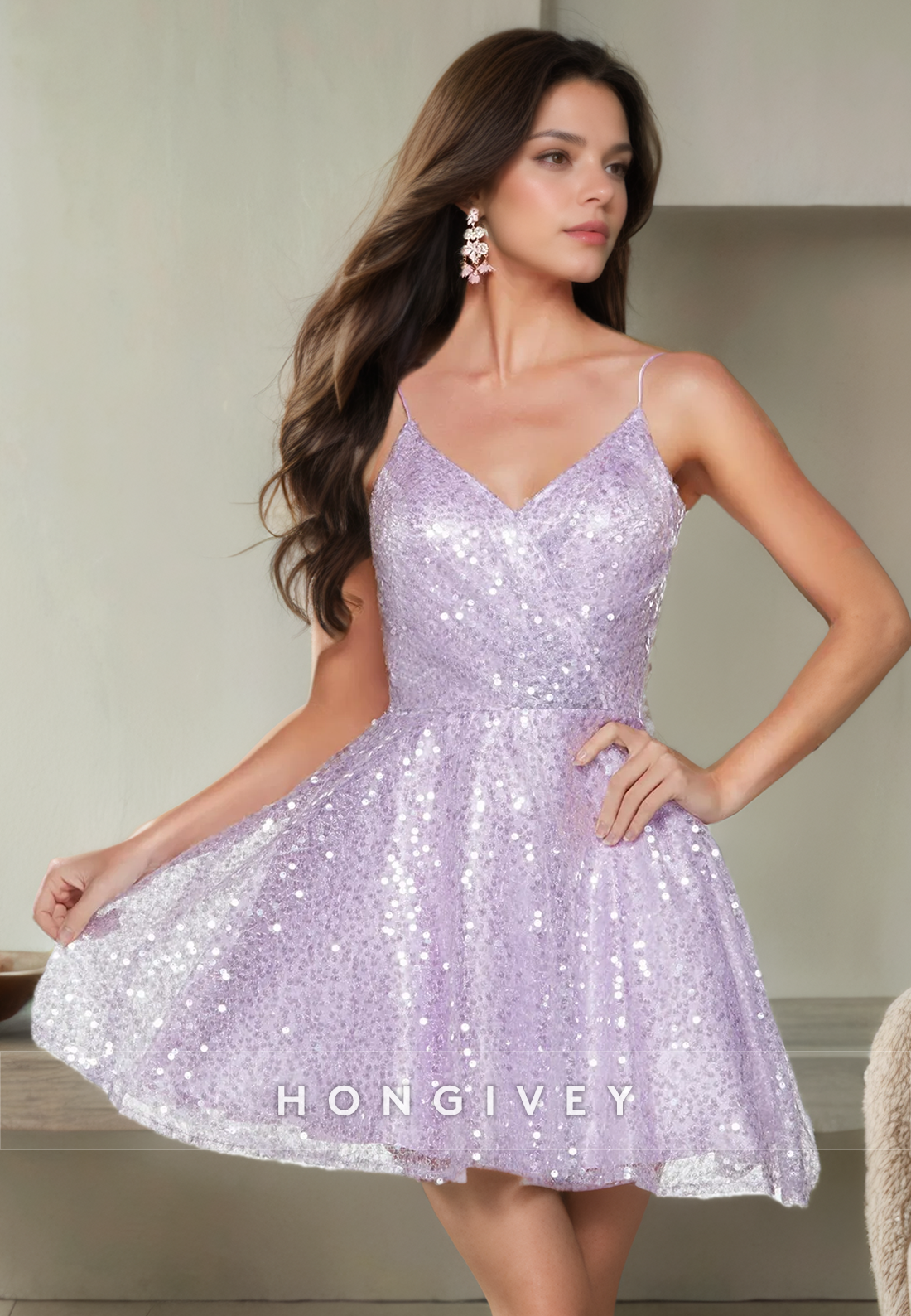 Glitter Tulle Aline Vneck Spaghetti Straps Laceup Short Homecoming Dress